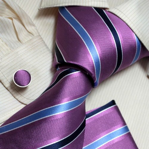 Deals For Purple Stripes Woven Silk Neckie Handkerchiefs Cufflinks Gift Box Set BLUE gift ideas for men H6079