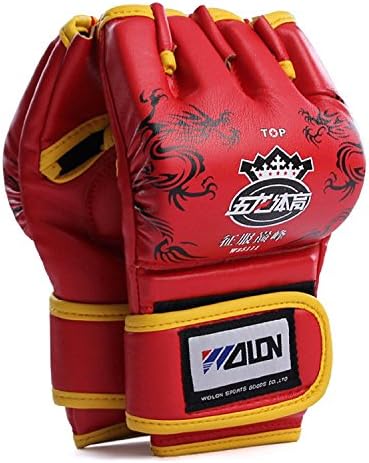 Young Star Half Finger Boxing Gloves MMA UFC Sparring Grappling Fight Punch Ultimate Mitts Leather Gloves (Red)