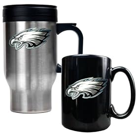 Philadelphia Eagles NFL 16 Oz Stainless Steel Travel Mug and Ceramic Coffee Mug Set - Team Logo