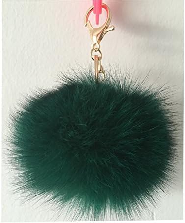 10 cm Real Fox Fur Large Ball Charm Pom Pom Keychain for Car Key Ring or Bag, Black Poms with Gold Key Chain ... (LAKE GREEN, 10cm)