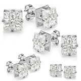 White Stud Earrings Sets Invisible Clear CZ Cubic Zirconia 7MM, 6MM, 5MM & 4MM Platinum Plated Mens Ladies Unisex Pushback Post