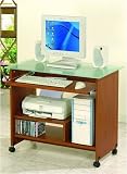Contemporary Style Brown Wood & Glass Computer Desk w/ Casters