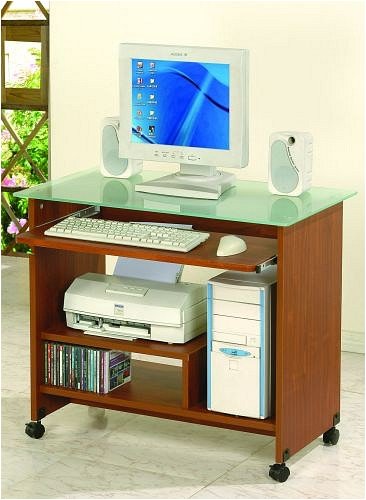 Contemporary Style Brown Wood & Glass Computer Desk w/ Casters