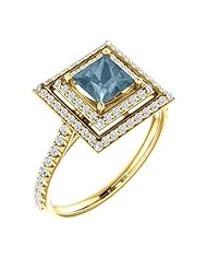 10K Yellow Gold Princess Cut Blue and White Diamond Double-Halo Ring -- LIFETIME WARRANTY