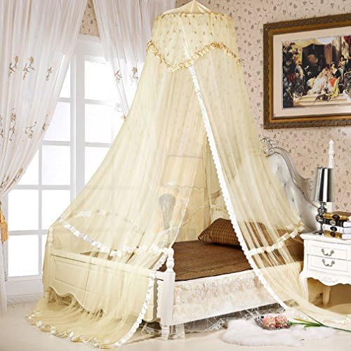 Jojoplaza Round Voile Lace Bed Curtain Dome Bed Canopy Netting Mosquito Net Yellow