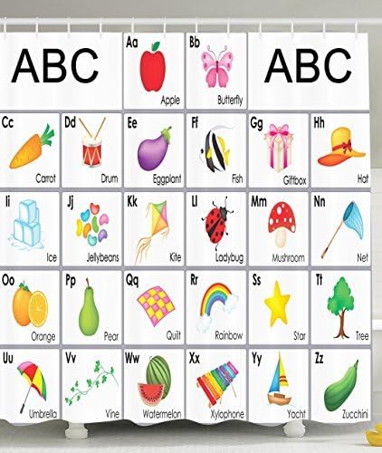 Think Yes Funny Educational Alphabet Letters Kite Xylophone Ladybug Zucchini Drum Lovers Art Prints Nursery Bathroom Set Decor Design for Boys Print Polyester Fabric Shower Curtain