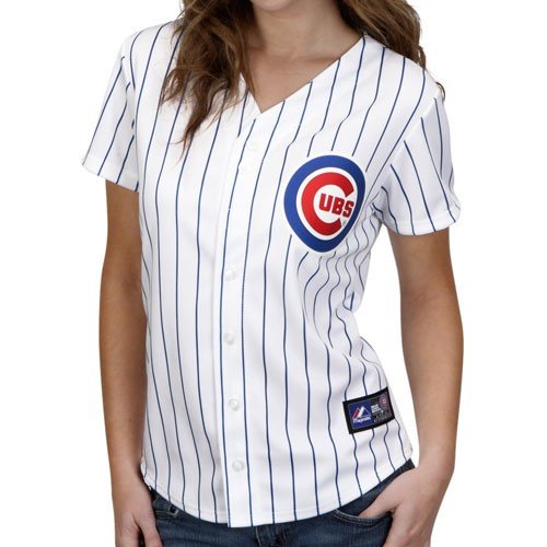 MLB Chicago Cubs Women's Short Sleeve 5 Button Synthetic Replica Jersey (Wht/Royal Pinstrp, Medium)
