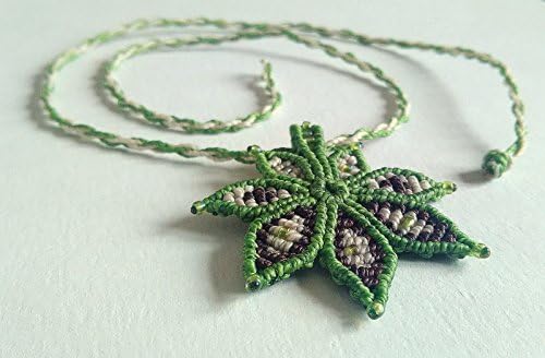 Green macrame flower necklace leaf pendant