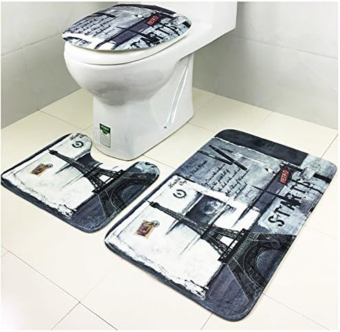 3 PCS Bathroom Rug Mat Set - Polyester Soft Bibulous Bathroom Rugs + Contour Mat + Lid Cover (eiffel towel)