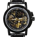 Orkina Mens Black Hollow Dial Mechanical Quartz Leather Strap Wrist Watch MG015LBB