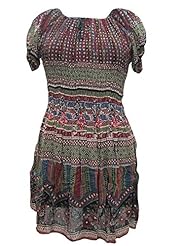 Short Sleeves Short Rayon General Print Peasant Dress/Mini Dress 