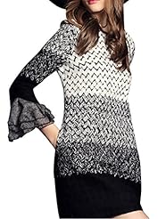 A-line Above the Knee Bell Sleeves Stretchy Fitted  Wool Round Neck  Dress With Ruffles