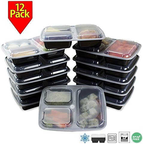 Bento Lunch Box Sets - 3 Compartment insulated Plastic Food Container 28oz, 12 PACK - For Adults And Kids - Stackable