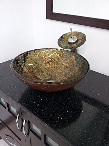 Gree Tree Style Bathroom Tempered Glass Vessel Sink, Brushed Nickel Finish Matching Glass Tray Waterfall Faucet &amp; Drain (CL-LX10006)