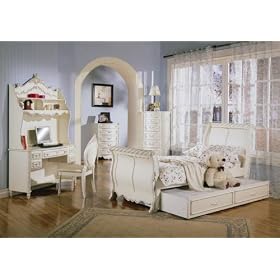 Alexandria Collection Young Girls 5PC Twin Size Sleigh Bed Trundle Group in a White Pearl...
