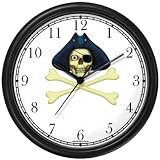 Skull with Eye Patch & Three Corner Hat & Crossed Bones or Cross Bones- Pirate Theme - JP Wall Clock by WatchBuddy Timepieces (Slate Blue Frame)