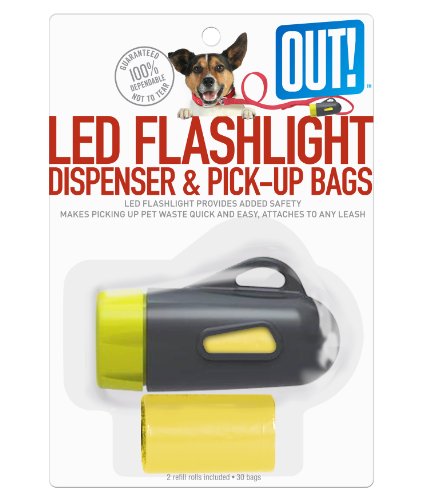 OUT! Flashlight Dispenser & Dog Waste Pick-Up Bags, 30-Pack