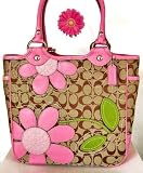 Coach Signature Bleecker Applique Flower Floral Shopper Bag Tote Khaki Pink