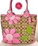 Coach Signature Bleecker Applique Flower Floral Shopper Bag Tote Khaki Pink