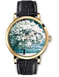 SPRAWL Aanalog Fashion Series Gold Ladies Watches of Genuine Black Leather Strap,Unique Wrist Watch for Women Girls Designed with white tree
