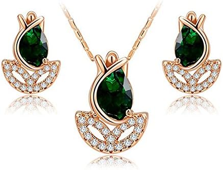 Gold Plated Green Cubic Zirconia Necklace Pendant and Stud Earring Set for Women,Girl's Fine Jewelry