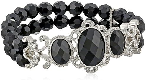 1928 Jewelry "Jeweled Filigree" Silver-Tone Beaded Stretch Bracelet