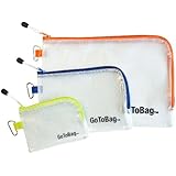 Organizer Storage Packing Bags by GoToBag - Water Resistant Solid Reinforced PVC Mesh Plastic with Zipper Closure and Carabiner - Clear 3 Pack Pouch - for Travel, Work, School, Crafts, Purse, Cables