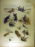 1887 ST-BERNARD DOG RESCUE SKETCH HALL OLD PRINT