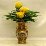 Three Yellow Roses in a Unique Oriental Vase