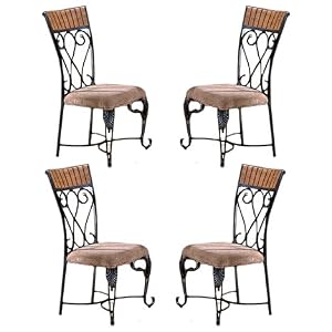 4 Black Metal Finish and Oak Finish Wood Side Dining Chairs by