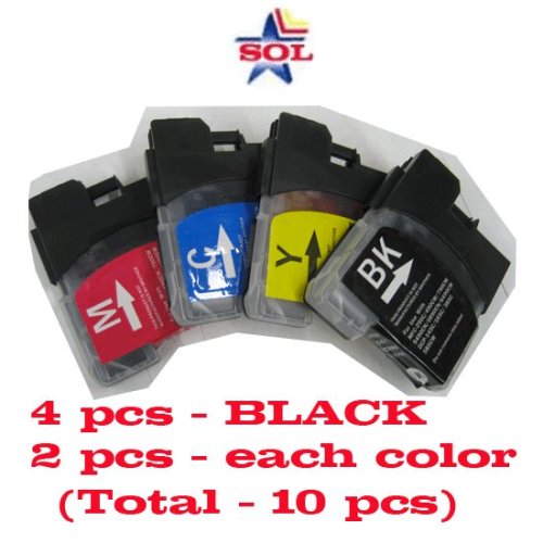 (10 Pcs) Compatible Brother Lc61 (Fits Lc65) Inket Cartridge Combo for Dcp-165c, Dcp-385c, Dcp-585cw, Mfc-250c, Mfc-290c, Mfc-490cw, Mfc-790cw, Mfc-990cw, Mfc-5490cn, Mfc-5890cn, Mfc-6490cw (4 Blacks, 2 Each Colors, Free 4 X 6 Photo Paper 20 Pcs)