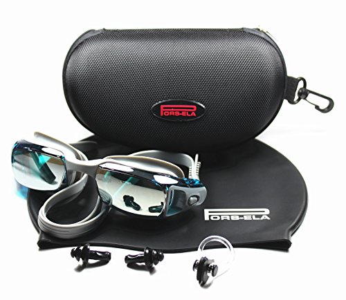 Swimming Goggles with Premium Travel Case Swim Cap Nose Clip & Ear Plugs - Top Rated Adult Triathlon Swim Goggle with 100% UV Protection and Anti Fog Technology for Men and Women