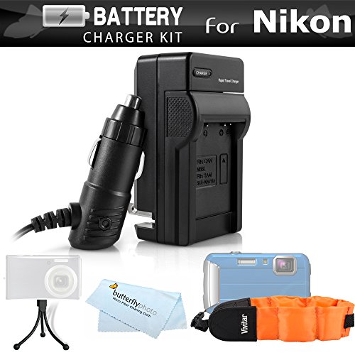 Battery Charger Kit For Nikon COOLPIX AW120, AW110, AW100, AW130 Waterproof Digital Camera Includes Ac/Dc Travel Charger + FLOAT STRAP + Mini TableTop Tripod + MicroFiber Cloth