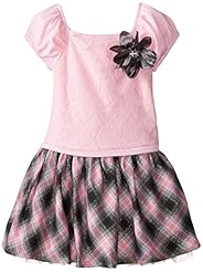 Girls Square Neck Puff Sleeves Cotton/Metallic/Polyester/Knit Lace Short Plaid Print  Dress