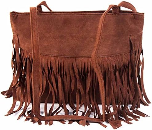 New Womens Faux Suede Leather Tassel Fringe Shoulder Handbag Fashion Purse Bag-Brown