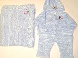 Knitted on Hand Knitting Machine Trimmed By Hand Crochet Infant Boys Outfit Made of Blue Chenille Denim Cotton Tweed Cardigan, Pant Hat Set Trimmed with Star American Flag and Matching Blanket