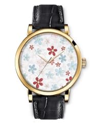 SPRAWL Aanalog Fashion Series Gold Ladies Watches of Genuine Black Leather Strap,Unique Wrist Watch for Women Girls Designed with Drawing of blue and red flowers
