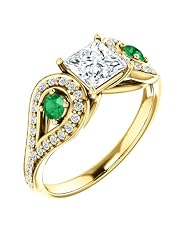 18K Yellow Gold Round Cut Diamond and Emerald Ring -- LIFETIME WARRANTY
