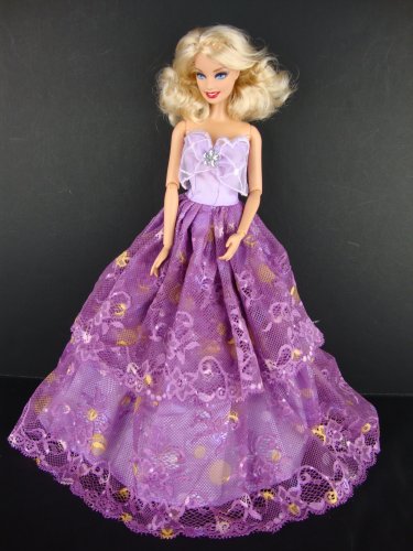 An Amazing Purple Ball Gown with Dark Purple Lace on the Skirt and Rhinestone Trim Made to Fit the Barbie Doll