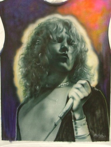 T-SHIRT AIRBRUSH ART – ORIGINAL HAND PAINTED by GIORGIO FAMOUS ITALIAN AIRBRUSH ARTIST – image on shirt ” Robert Plant ” Led Zeppelin