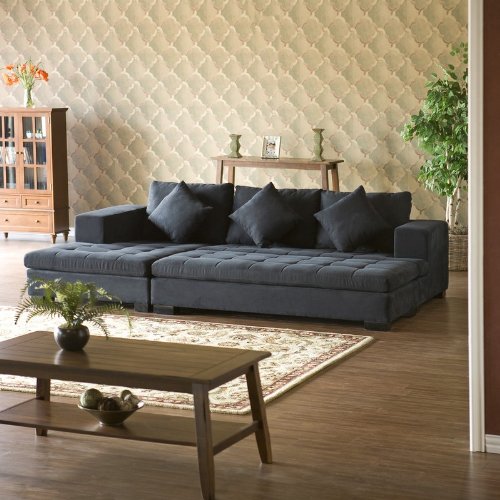 Sectional Sofa with Ottoman Set Tufted in Charcoal Microfiber