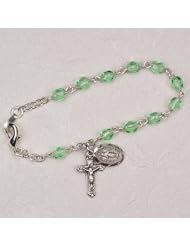 August Birthstone Sterling Silver 5 1/2 Peridot Baby Bracelet, Infant Jewlery, Girls Rosary Bracelet, Crucifix Cross & Miraculous (St. Mary) Charms
