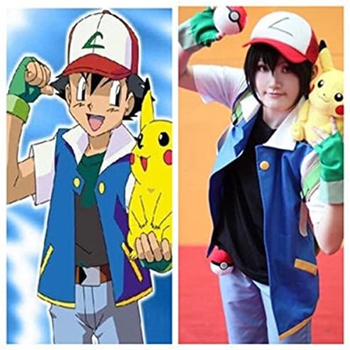 Pokemon Ash Ketchum Trainer Costume Cosplay Shirt Jacket + Gloves + Hat + Ball