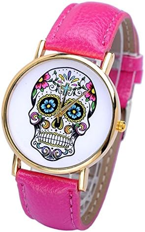 Smartbargain 33mm Women's Golden Day of Dead Sugar Skull Cross Quartz Analog Wrist Watch (Fuchsia)