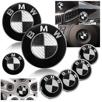 Weiling793 BMW Black/Silver Carbon Fiber Style Emblem Logo Badge Set 7pcs Hood/Trunk 73/82mm