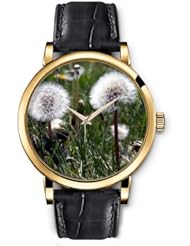 SPRAWL Aanalog Fashion Series Gold Ladies Watches of Genuine Black Leather Strap,Unique Wrist Watch for Women Girls Designed with Dandelion