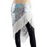 Bellyqueen™ Belly Dance Hip Scarf & Shawl With Silver Paillettes And Fringe, Deluxe V-Shape