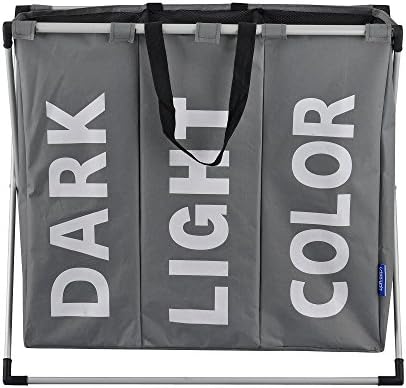 Laundry Hamper 3 Sections for Washing Bag with Aluminum X-Frame and 600D Oxford Bags,For Heavy-Duty Use in Home,College,Apartment-By Zomatch (Grey)