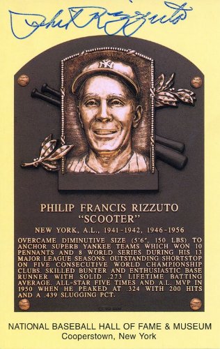 Phil Rizzuto Autographed/Hand Signed Baseball Hall of Fame Plaque Postcard