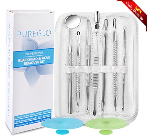 pureGLO Surgical Blackhead and Acne Remover Kit | 7 PCS Stainless Steel Skin Care Instruments with FREE Silicone Face Brush in Travel Case| Treat Pimple, Blemish, Zit, Comedones and Facial Impurities